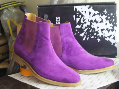 Handmade Men's Purple Ankle High Chelsea Suede Boots
