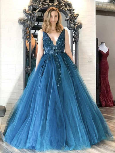 Charming Ball Gown V Neck Open Back Teal Tulle Long Prom Dresses with Appliques,Quinceanera Dresses,Pageant Dresses,Girls Junior Graduation Gown