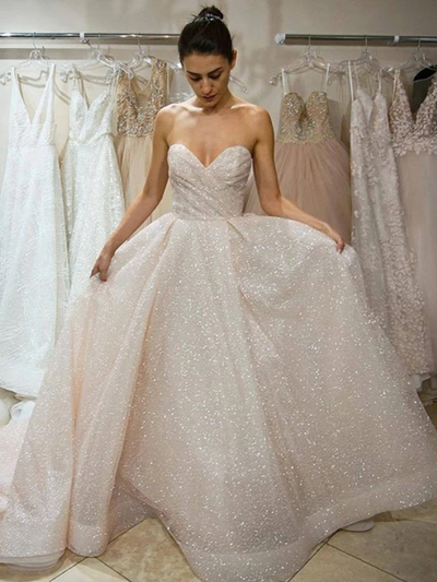 Gorgeous Ball Gown Sweetheart Open Back Ivory Sequins Long Wedding Dresses,Sparkly Prom Dresses with Pockets