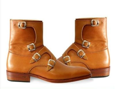 Handmade Men Brown Tetra-Monk Strap Pure Leather Half-long Boots, Mens boots