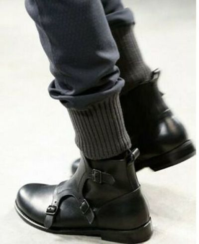 Handmade mens triple monk strap leather boots,Mens black leather boots,