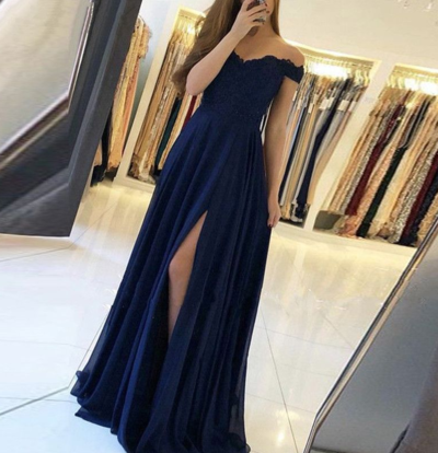 a line off the shoulder v-neck chiffon long lace applique prom dress with slit