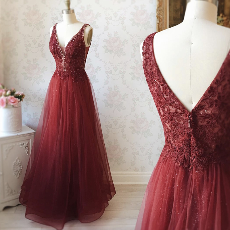 Burgundy v neck tulle lace long prom dress, evening dress