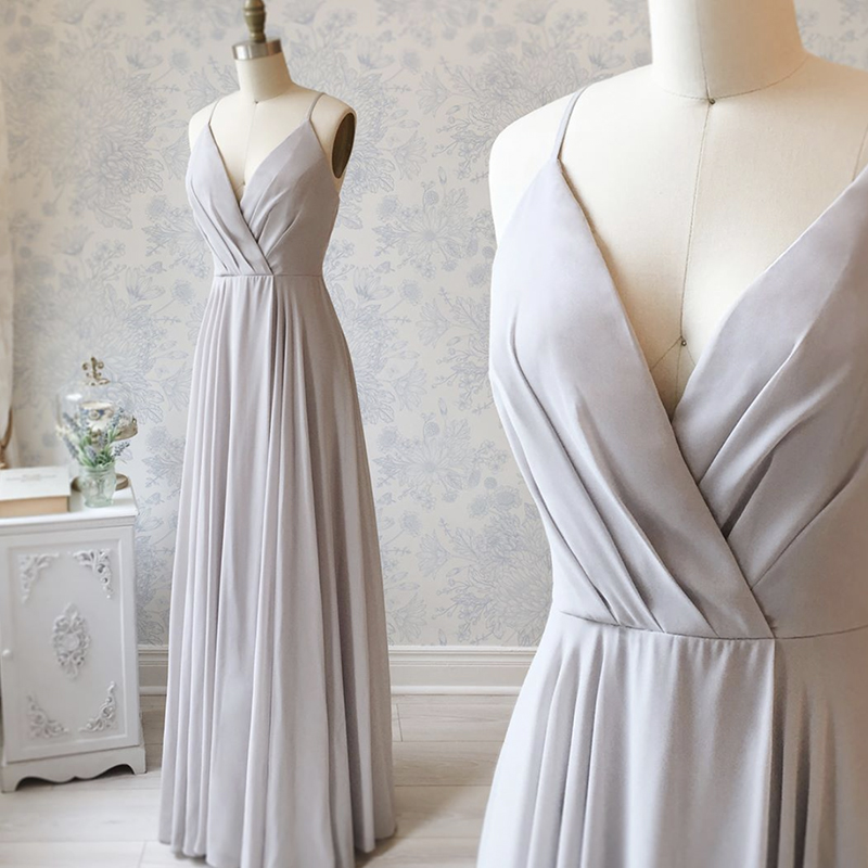 Gray v neck long prom dress simple evening dress