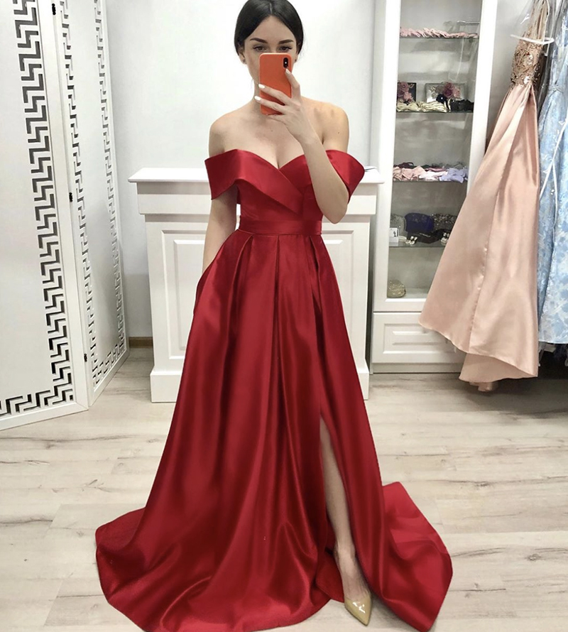 Red satin long prom dress formal dress