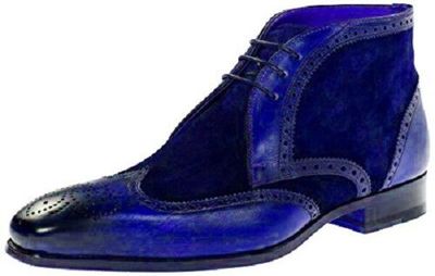 Blue Chukka Wing Tip High Ankle Suede Leather Lace Up Burnished Brogue Toe Boots