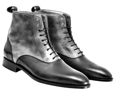 Two Tone Gray Black Cont Genuine Leather Derby Cap Toe High Ankle Lace up Boots