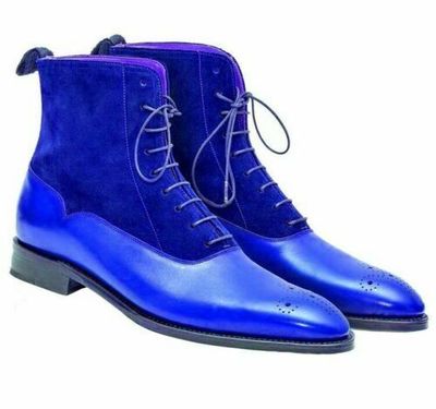 New Handmade Pure Blue Suede & Leather Ankle Boots for Men's