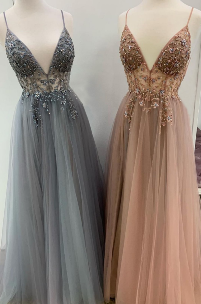 Sexy V-neck A line Tulle Beading Long Prom Dresses with Side Slit