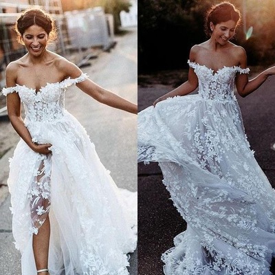 Off the Shoulder Wedding Dresses with 3D Flowers