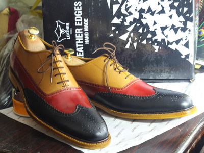Handmade Multi Color Wing Tip Brogue Lace Up Leather Shoes For Men's