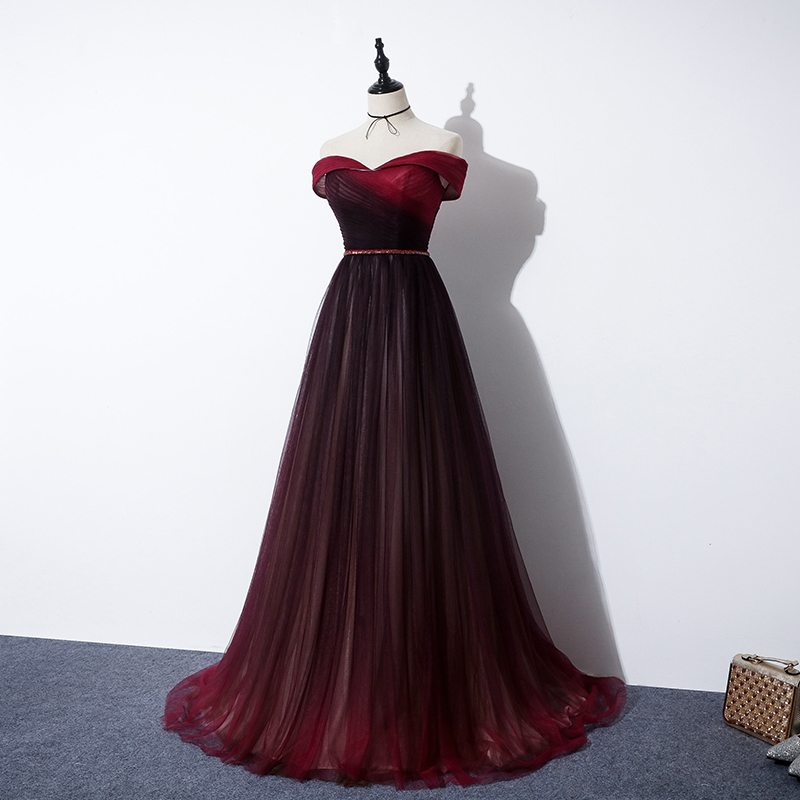 Unique burgundy tulle long prom dress