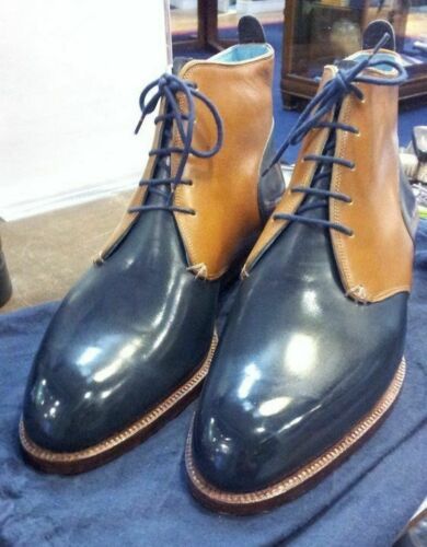 Handmade Men’s Blue & Tan Color Lace Up Boots, Leather High Ankle Boots