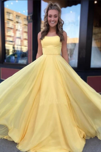 Spaghetti Straps A Line Daffodil Tulle Prom Dresses, Evening Dresses