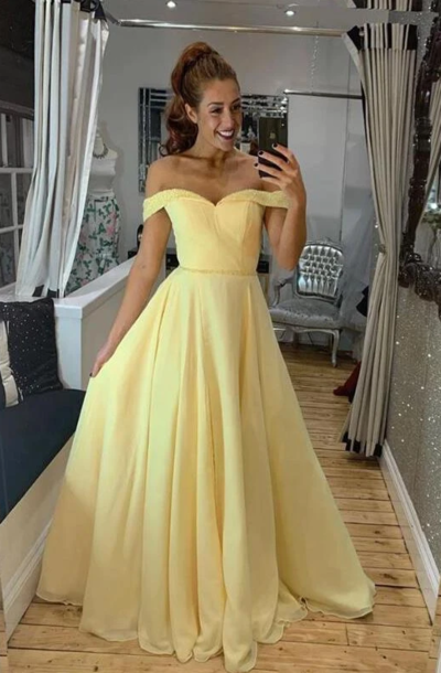 Off the Shoulder A Line Long Yellow Prom Dresses, Formal Dresses