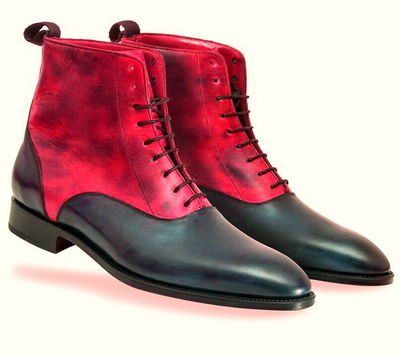 Two Tone Red Black High Ankle Genuine Leather Lace Up Derby Toe Handmade Boots