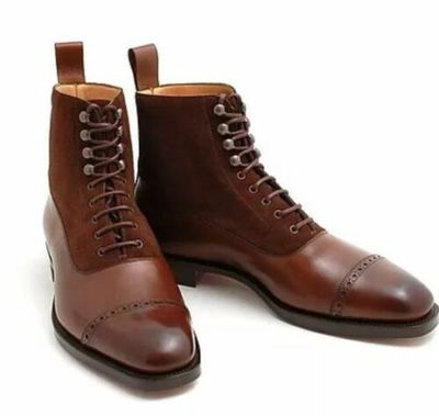 New Handmade Men's Brown Leather & Suede Ankle Boots Lace Up Boots