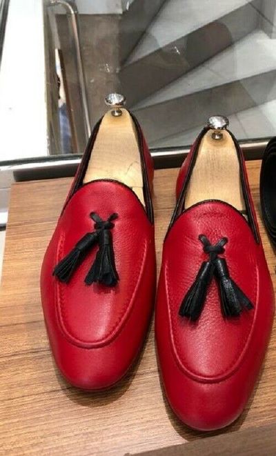Handmade Men's Leather Loafers & Slip Ons Red Stylish Classic Formal Shoes