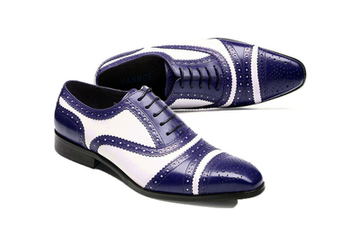 Handmade Blue White Cap Toe Lace Up Leather Shoes For Men's