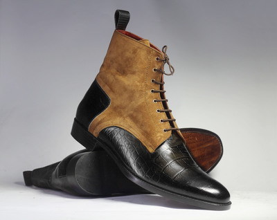 Handmade Men's Ankle High Black Brown Lace Up Alligator Leather Suede Boots