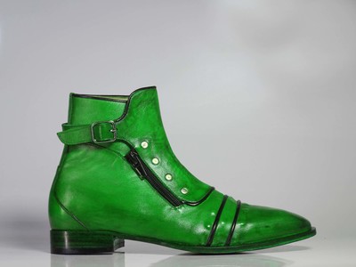 Handmade Men's Ankle High Green Cap Toe Buckle With Side Zip Style Leather Boots