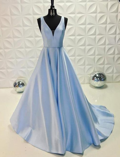 Deep V-Neck Light Blue A-Line Prom Dress,Sleeveless Formal Dress