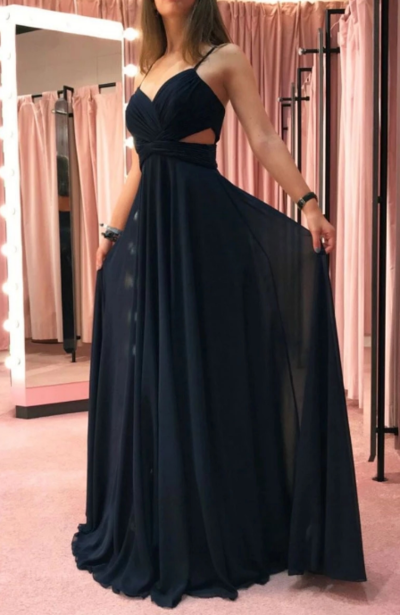 A line Navy Blue V Neck Long Chiffon Prom Dress
