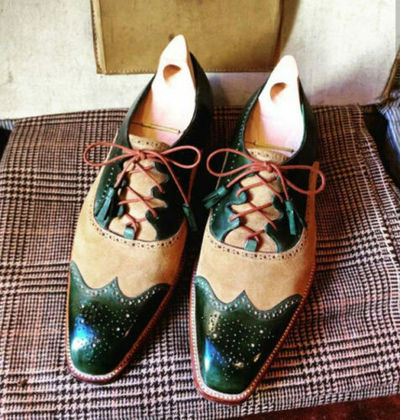 Handmade Men’s Leather Suede Wing Tip Brogue Shoes Men Green Beige Lace Up Style