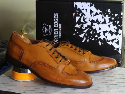 Handmade Tan Wing Tip Lace Up Leather Shoes For Men's