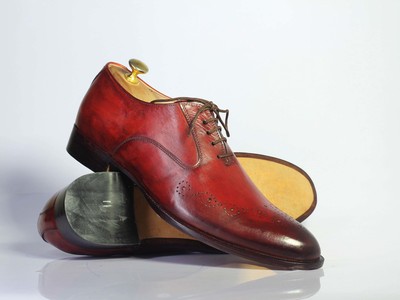 Handmade Burgundy Brogue Toe Lace Up Leather Shoes For Men's