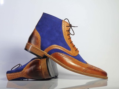 Handmade Men's Ankle High Blue Brown Wing Tip Lace Up Leather Suede Boots