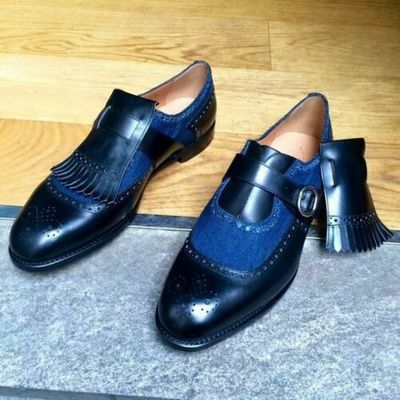 Handmade Men Two tone Monk formal shoes, Men blue denim fabric and leather shoes