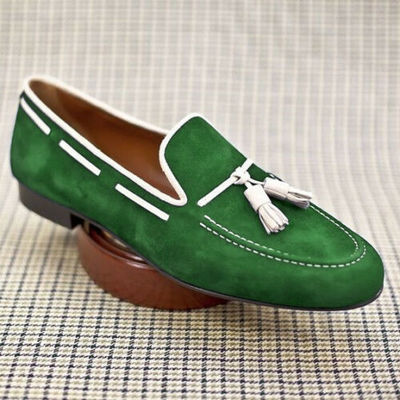 Rounded Apron Toe Green Suede Leather White Tassel Loafer Slip On Stylish Shoes