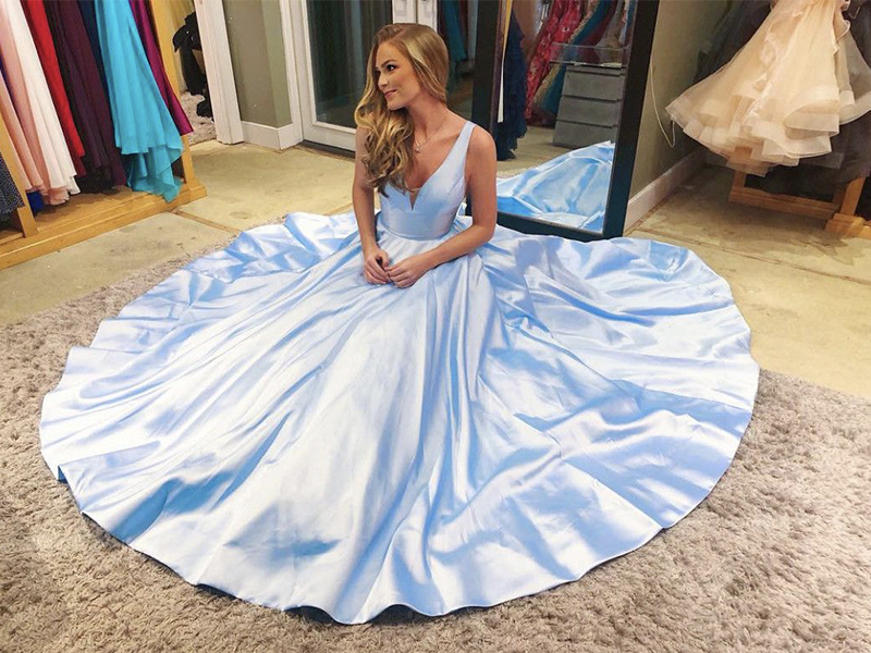 Simple blue v neck satin long prom dress