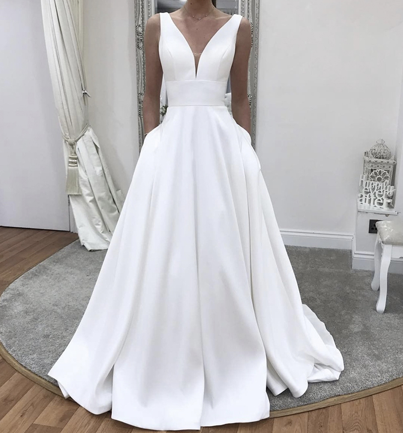 White v neck satin long prom dress evening dress