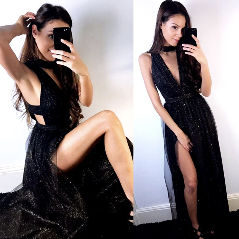 Black tulle sequins long prom dress formal dress