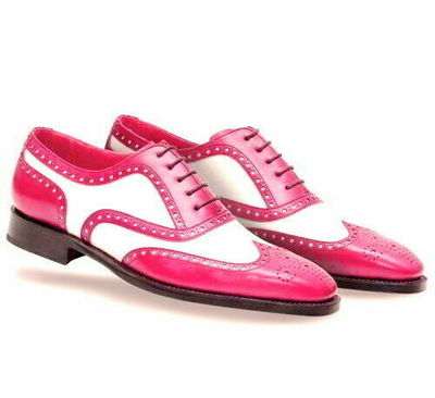 Two Tone Pink White Contrast Wing Tip Full Brogue Toe Oxford Real Leather Shoes