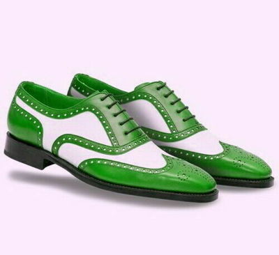 Two Tone Green White Contrast Wing Tip Full Brogue Toe Oxford Real Leather Shoes