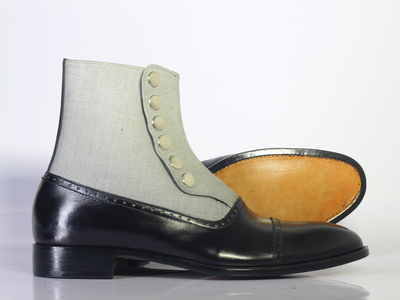 Handmade Men's Ankle High Cap Toe White Black Button Top Leather Denim Boots