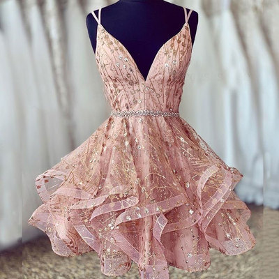 Pink Straps Short Homecoming Dresses Prom Gown Waist with Beaded