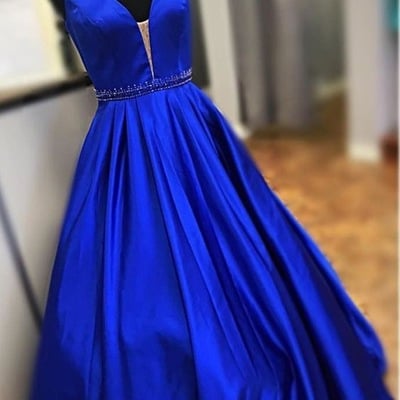 V neck long prom dresses royal blue waist with beaded - Thumbnail 2