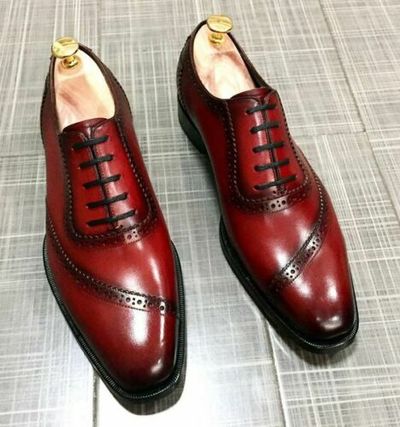 Shiny Burnished Wing Tip Maroon Tone Superior Leather Lace Up Men Oxford Shoes