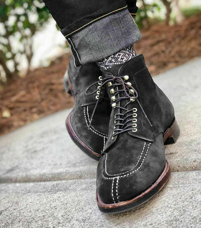Magnificent Black Tone Split Toe Suede Leather Mens High Ankle Lace Up Boots
