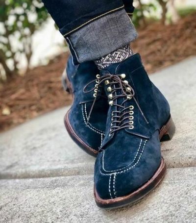 Handmade Men’s Ankle High Suede Navy Blue Suede Split Toe Boot