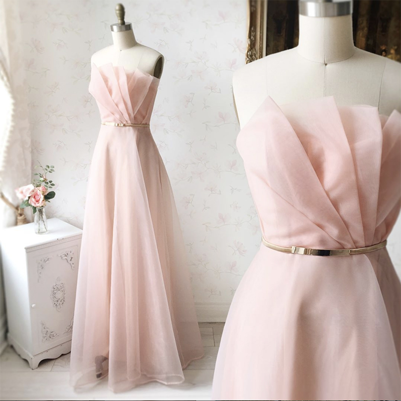Pink tulle long prom dress evening dress