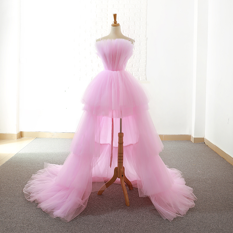 Pink tulle high low prom dress evening dress