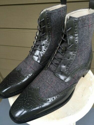 Handmade Men’s Black Grey Color Lace Up Boots, Leather Tweed High Ankle Boots