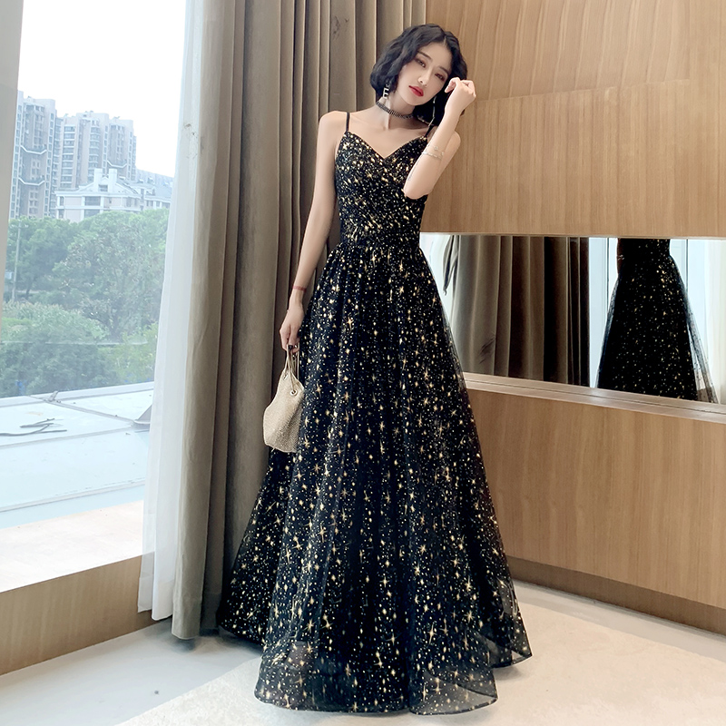 Black tulle long prom dress evening dress