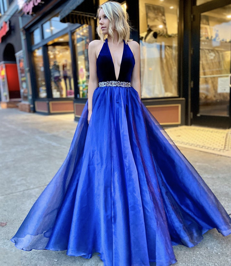 Blue velvet tulle long prom dress evening dress