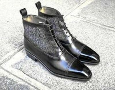 Handmade Grey Tweed Ankle Boot Men's Leather Formal Dress Black Leather Boots
